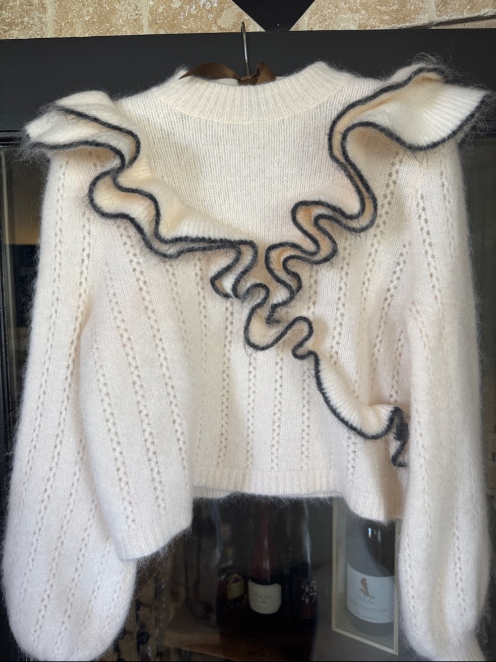 Sezane Sézane Rita Cream Ivory White Ruffle-Trim Crewneck Sweater - Picture 3 of 4